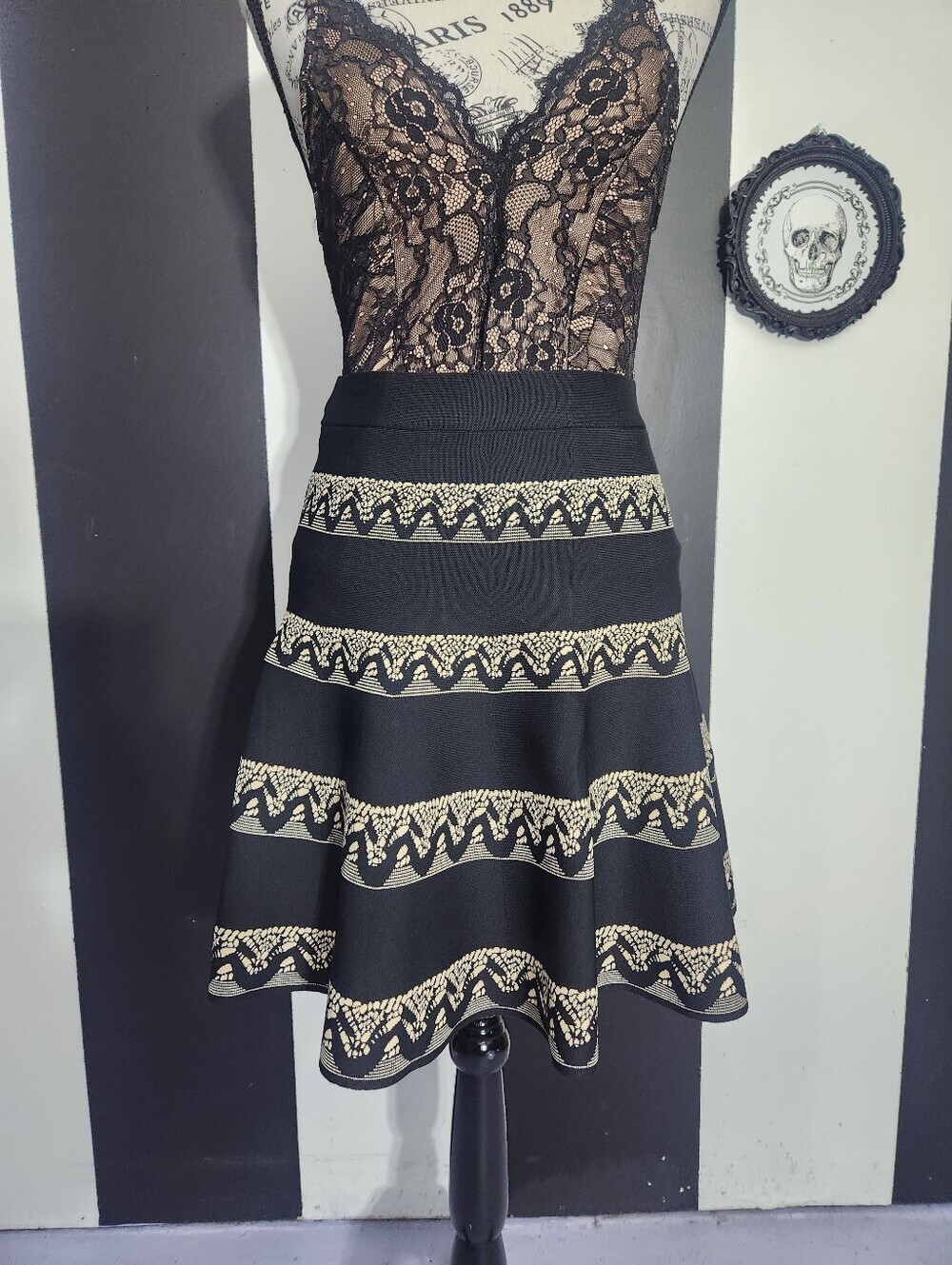 Romantic Knit A-Line Skirt with Gold Trim